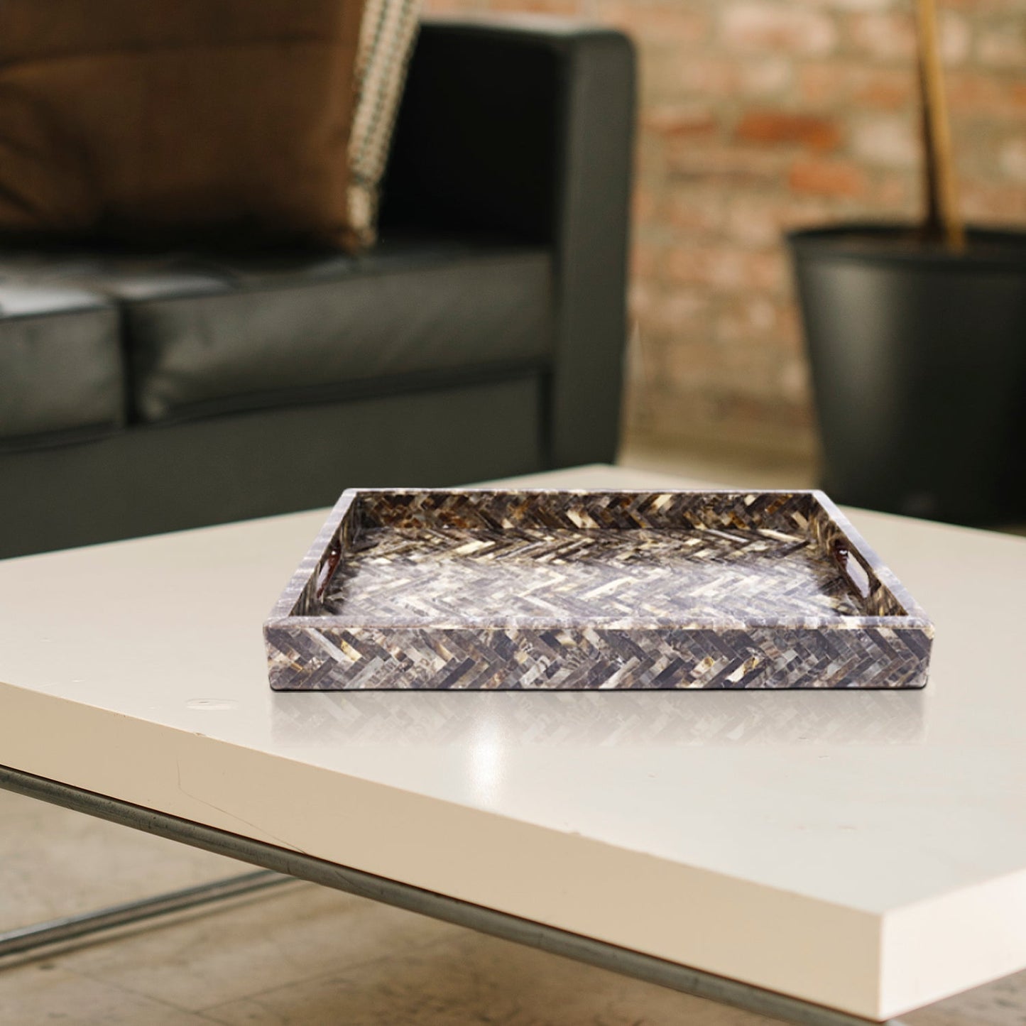 Decorative Tray Discovery Fantazia Brown Resin Inlay, 11" × 17", 12" × 12"