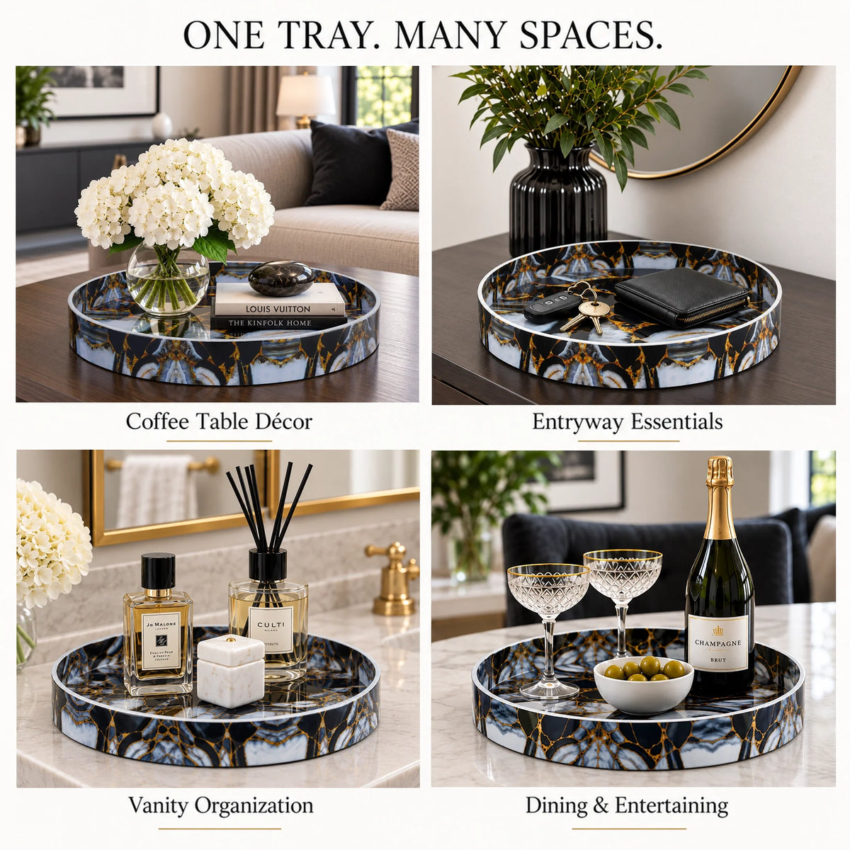 Round Resin Inlay Tray Black, Gold & Smoky Grey Marble 12"