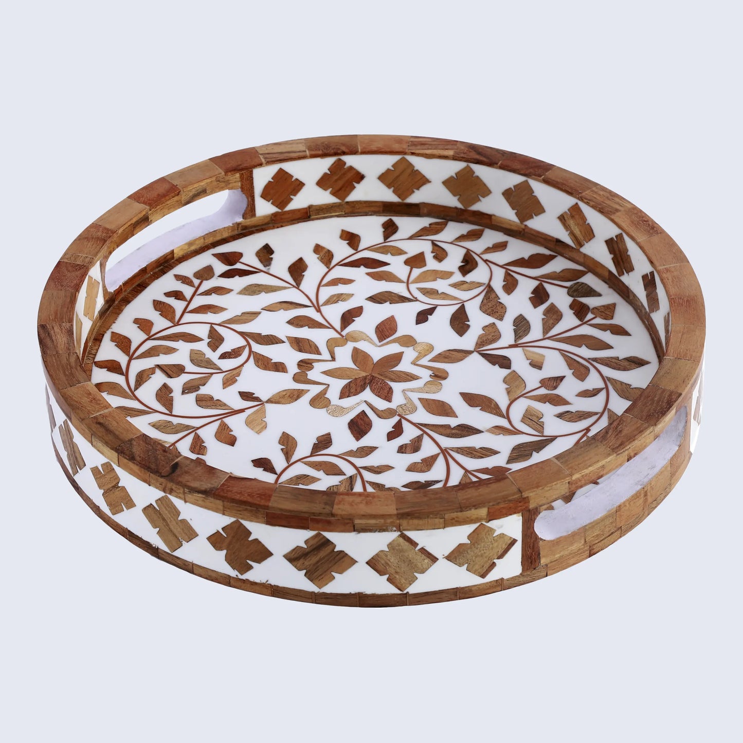 Decorative Tray Alhambra El Cerco Pattern Wood & Resin Inlay Collection in 12x12, Brown & White