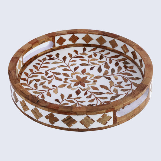 Decorative Tray Alhambra El Cerco Pattern Wood & Resin Inlay Collection in 12x12, Brown & White