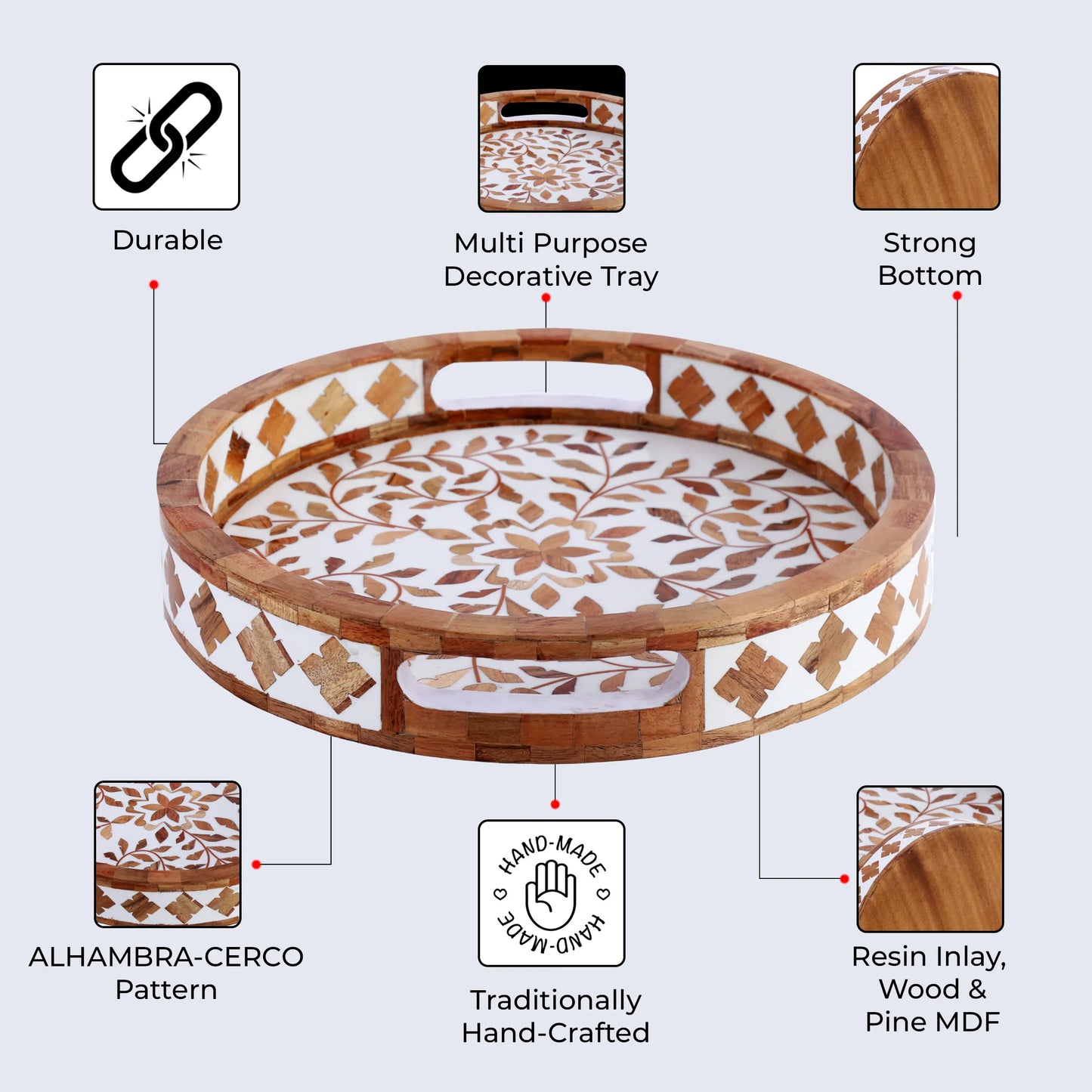 Decorative Tray Alhambra El Cerco Pattern Wood & Resin Inlay Collection in 12x12, Brown & White