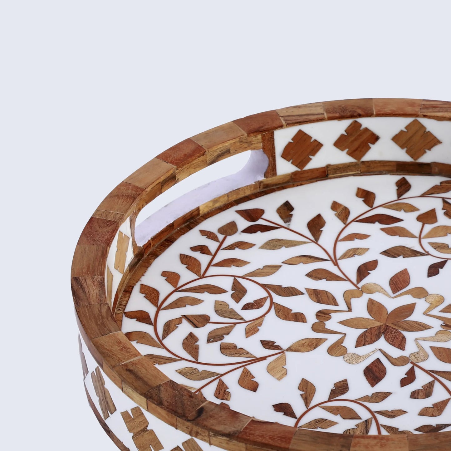 Decorative Tray Alhambra El Cerco Pattern Wood & Resin Inlay Collection in 12x12, Brown & White