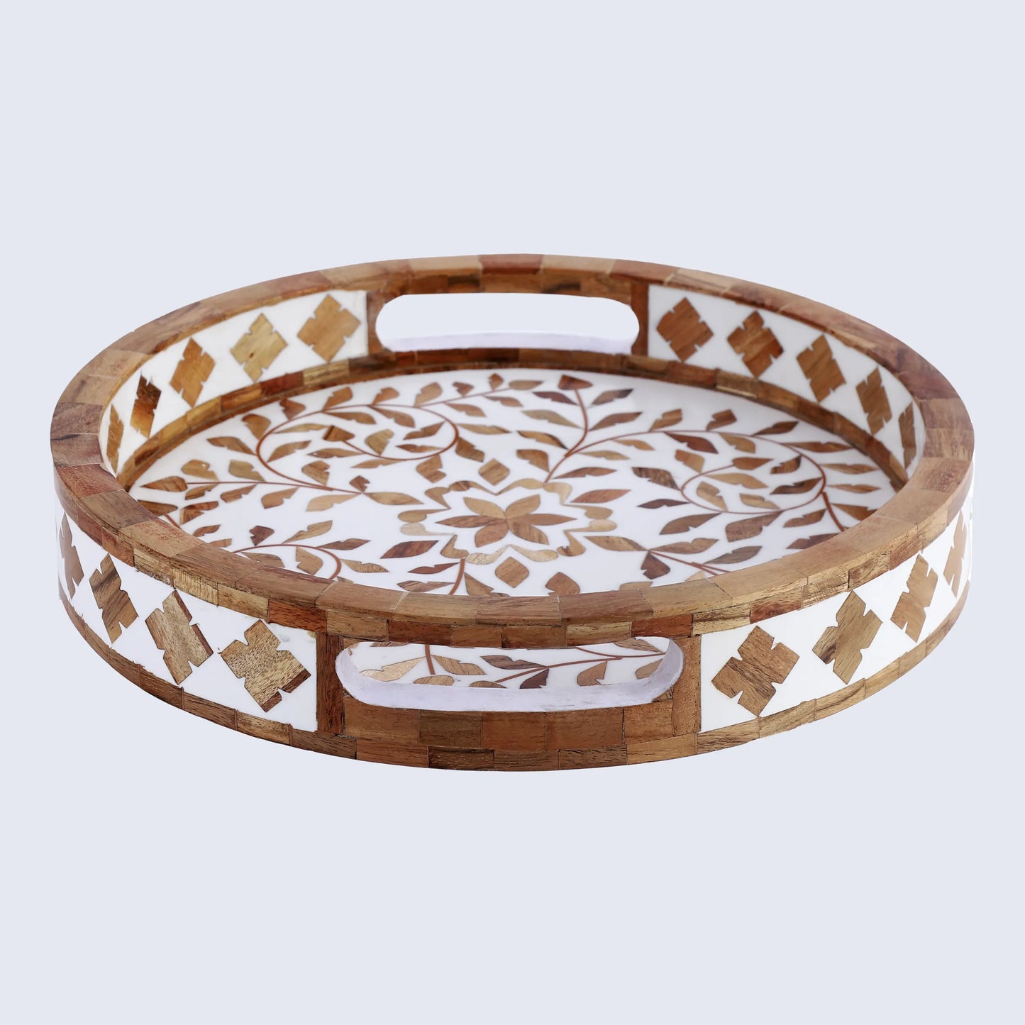 Decorative Tray Alhambra El Cerco Pattern Wood & Resin Inlay Collection in 12x12, Brown & White