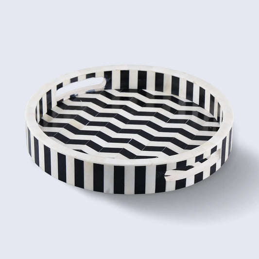 Athens Dinami Round Bone Resin Inlay Decorative Tray B&W 12"