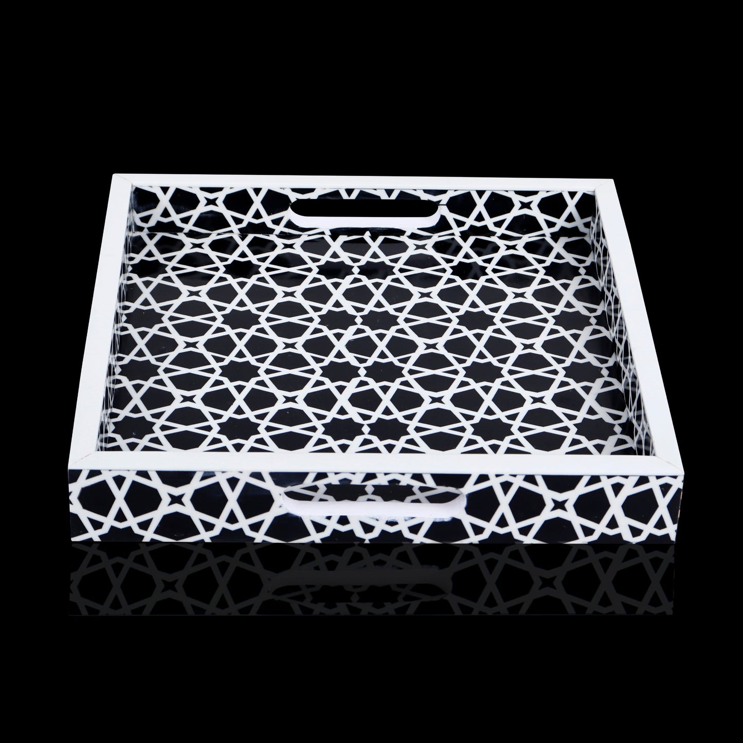 Decorative Tray Zellij Grande Black & White Resin Inlay, 11" × 17", 12" × 12"