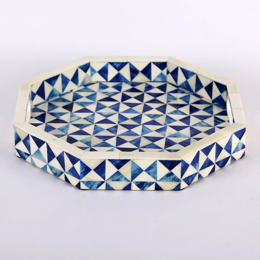 Decorative Tray Octagon Pattern Bone Inlay Collection in 12x12, Blue & White