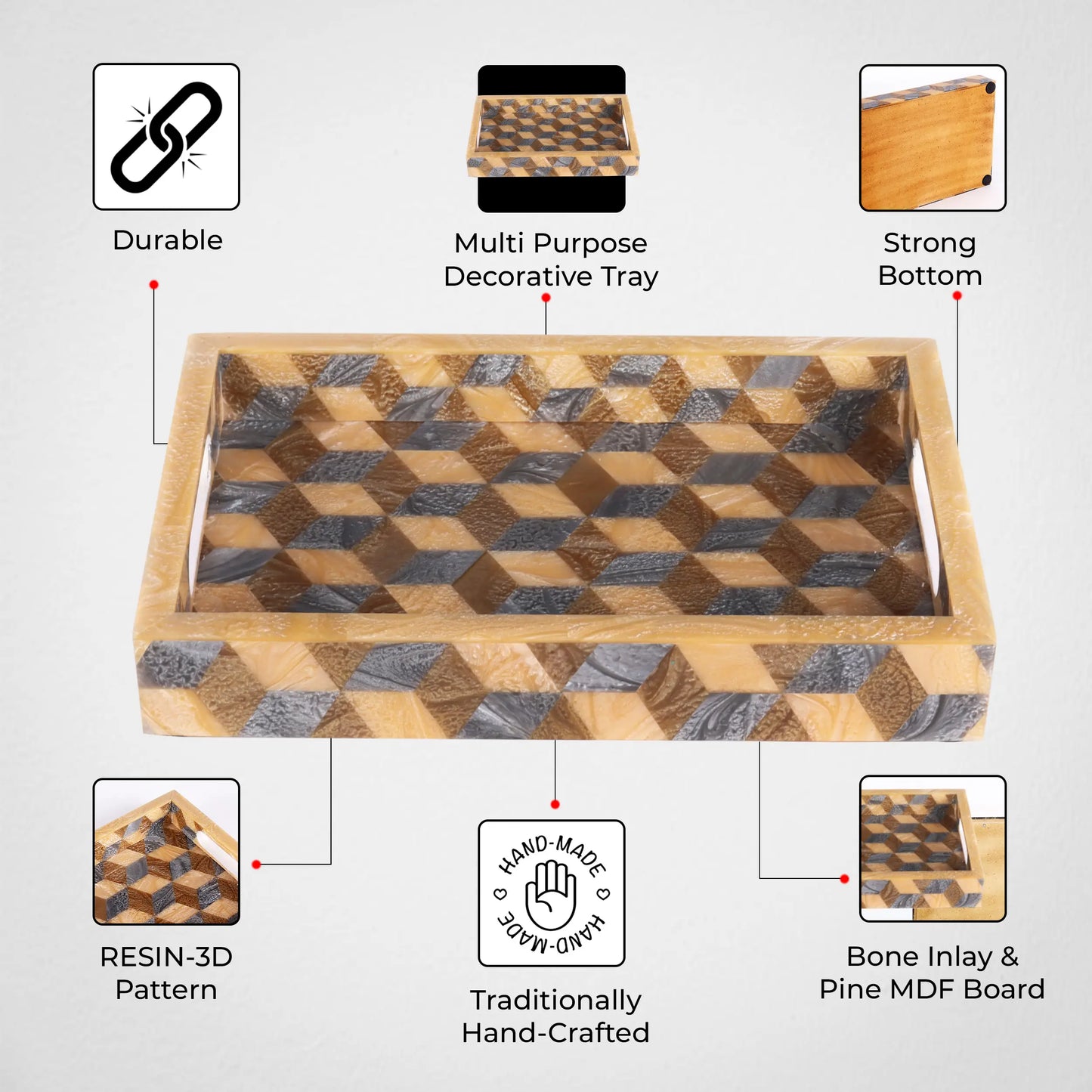 Decorative Tray 3D Pattern Resin Inlay Collection in 12x8, Brown & Grey