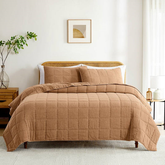 Full/Queen Size 3-Piece Taupe Brown Sienna Faded Stone Washed Cotton Quilt Set