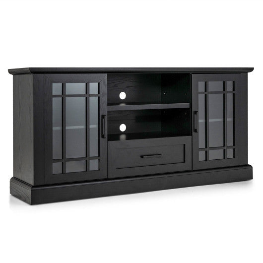TV Stand for TVs up to 70 Inches with Glass Doors Cubbies and Drawer-Black featuring adjustable shelves and cable management.