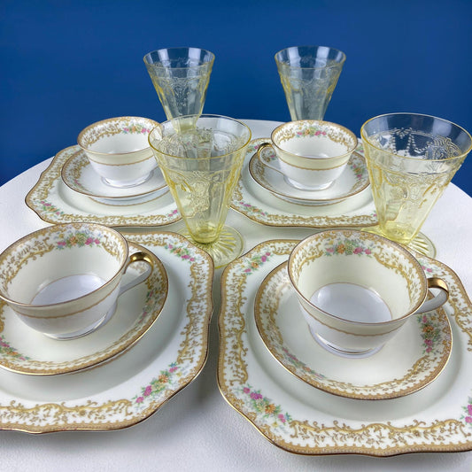 Tea Coffee Serving Set by Noritake, Elvira. 4 Porcelain Cups & Saucers, 4 Square Dessert Salad Plates. Hosting Essentials. Dining Room Decor