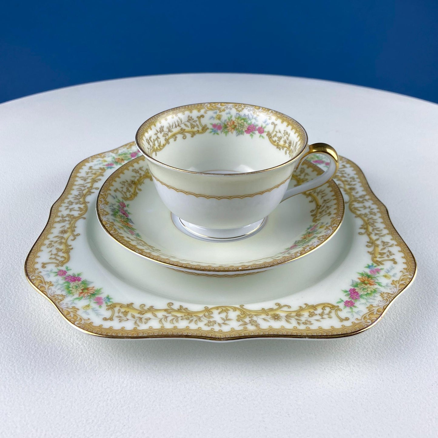 Tea Coffee Serving Set by Noritake, Elvira. 4 Porcelain Cups & Saucers, 4 Square Dessert Salad Plates. Hosting Essentials. Dining Room Decor