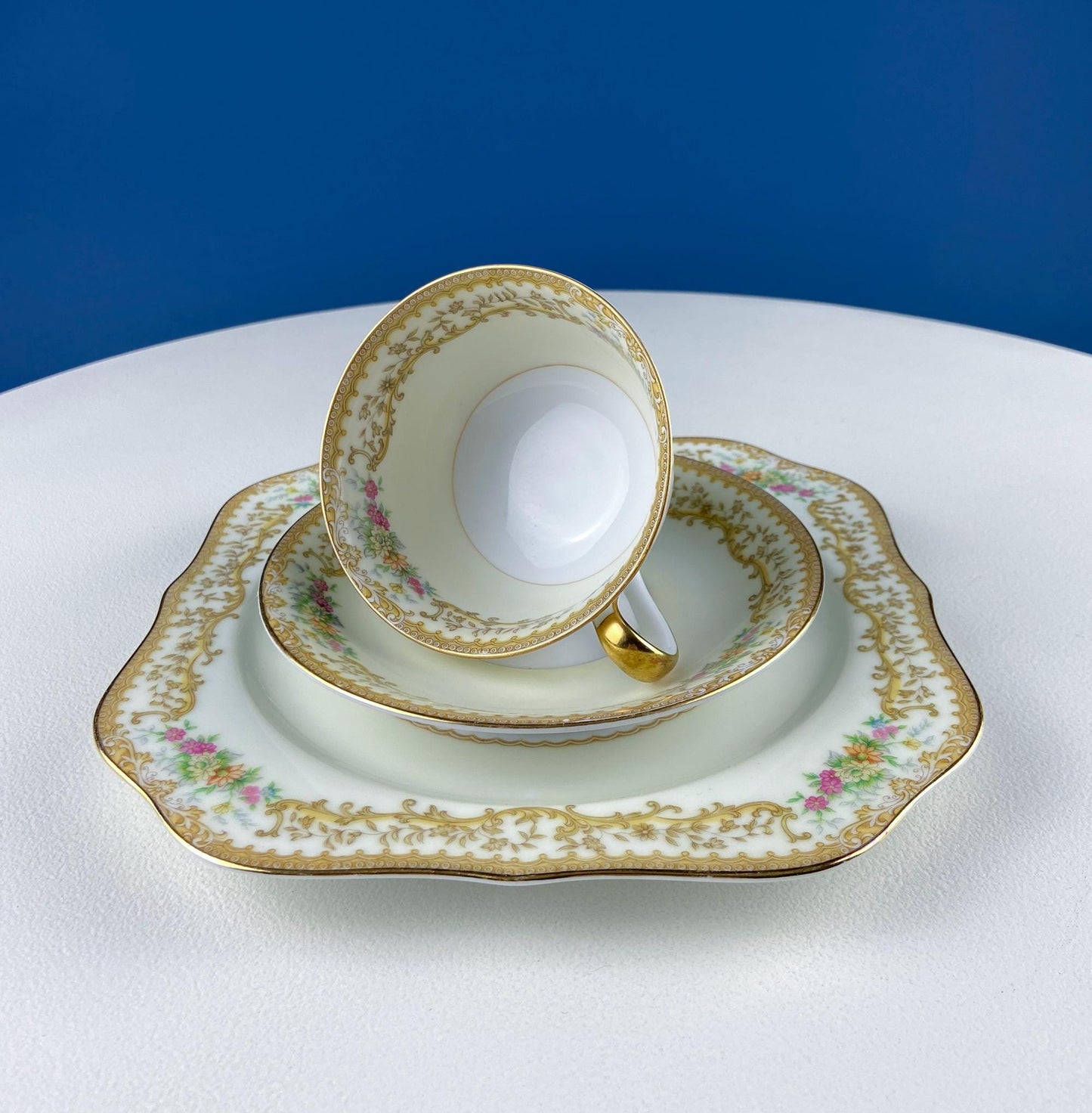 Tea Coffee Serving Set by Noritake, Elvira. 4 Porcelain Cups & Saucers, 4 Square Dessert Salad Plates. Hosting Essentials. Dining Room Decor