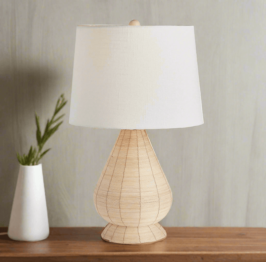 Teardrop Rattan Table Lamp with White Linen Shade