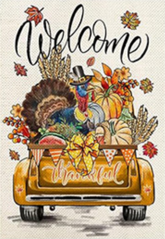 Welcome Garden Flags Truck Series of 12 featuring a festive autumn truck with pumpkins and a turkey.
