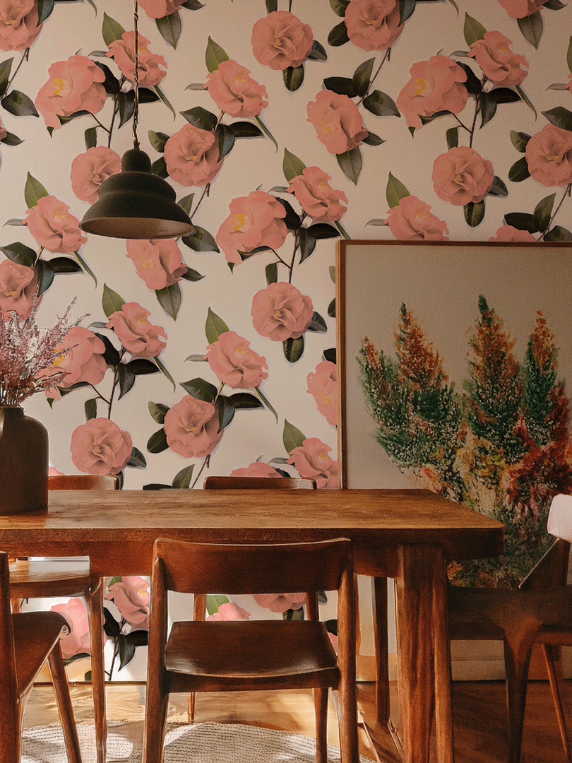 Camellia Wallpaper, white and coral