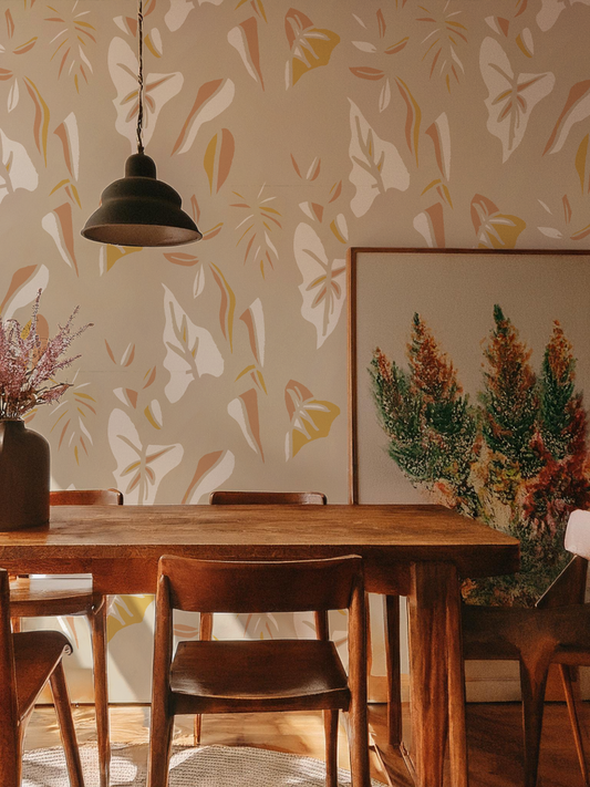 Block Print Foliage Wallpaper, tan and peach