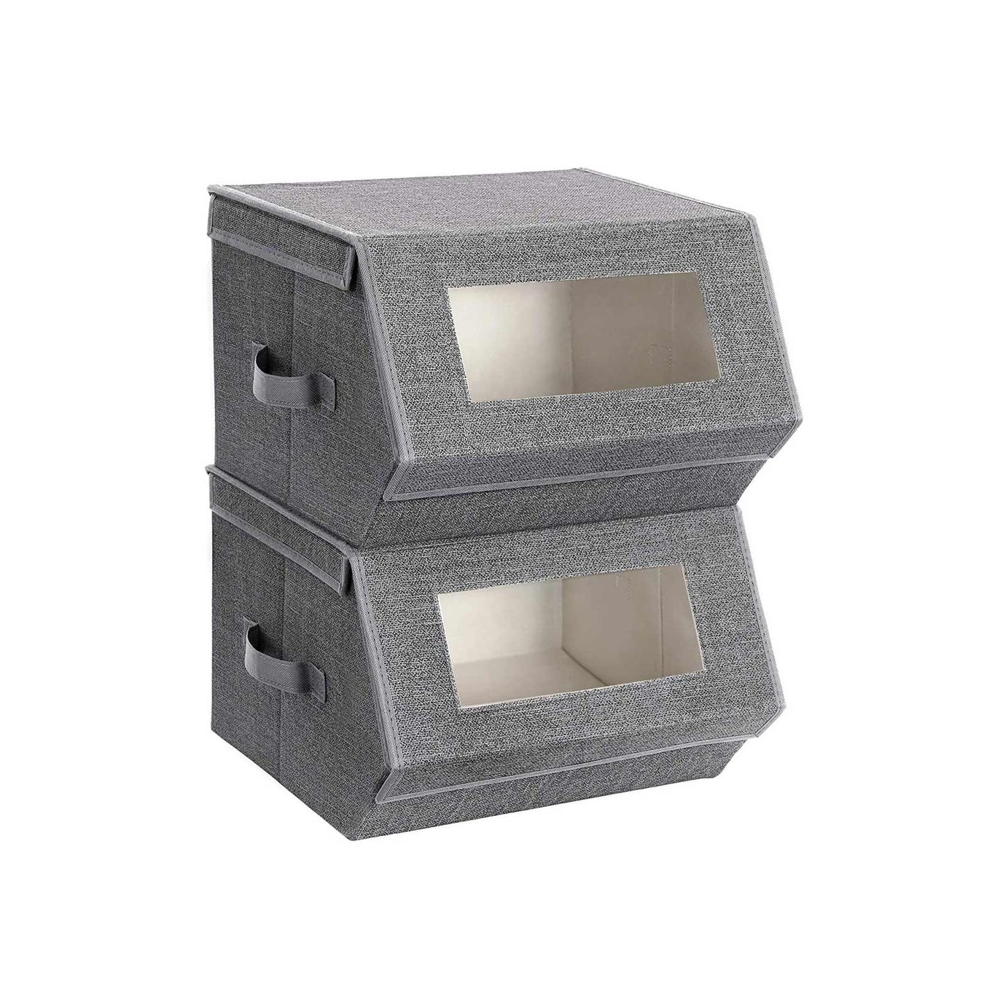 Set of 2 Stackable Storage Bins with Transparent Windows, Magnetic Lid and Side Handles, for Toys, Clothes, Gray and Beige