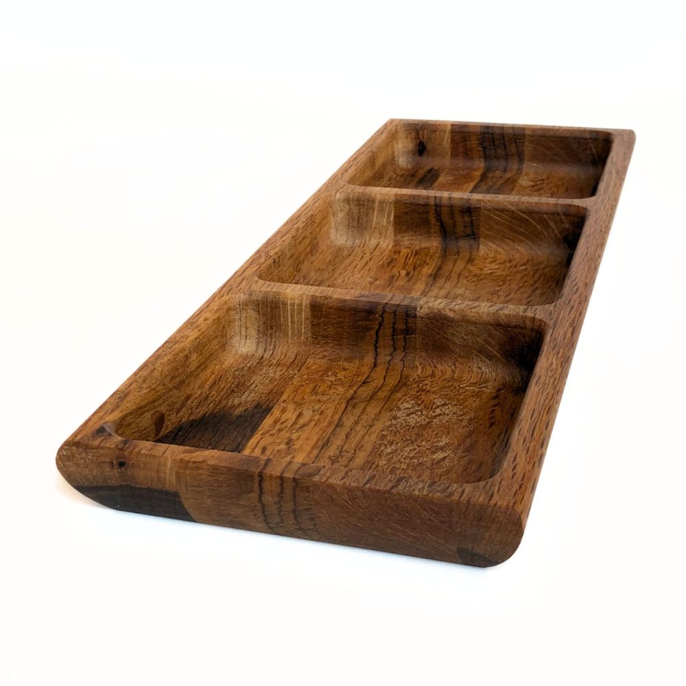 Oak Wood Triple Snack Serving Tray