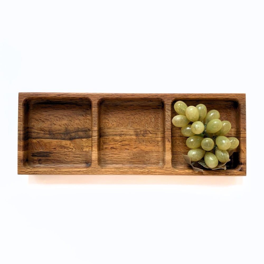 Oak Wood Triple Snack Serving Tray