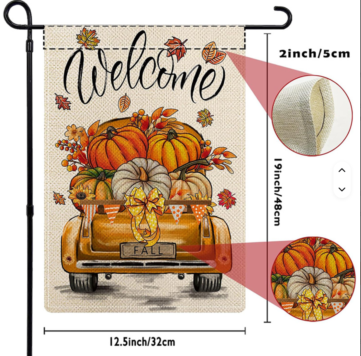 Welcome Garden Flags Truck Series of 12 featuring a decorated autumn truck with pumpkins and fall leaves.