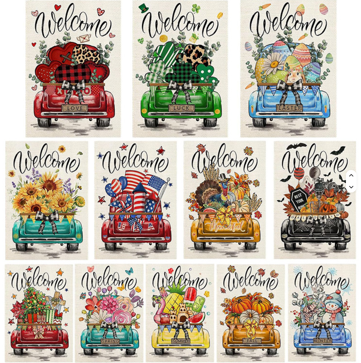 Welcome Garden Flags Truck Series of 12 featuring vibrant designs for various holidays and seasons.