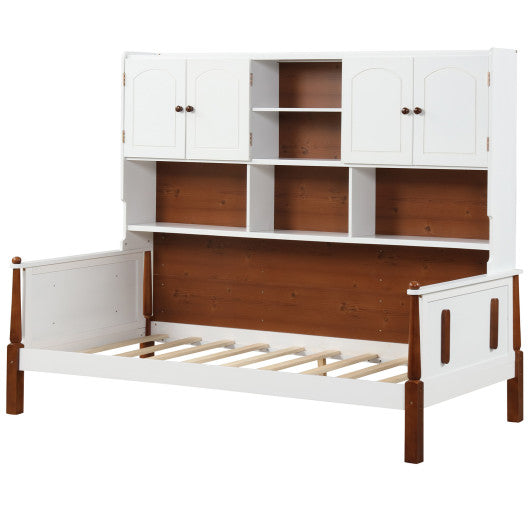 Twin Bed with Bookcase Shelves and Wooden Slat Support No Box Spring Needed-White, featuring open shelves and wooden slats.
