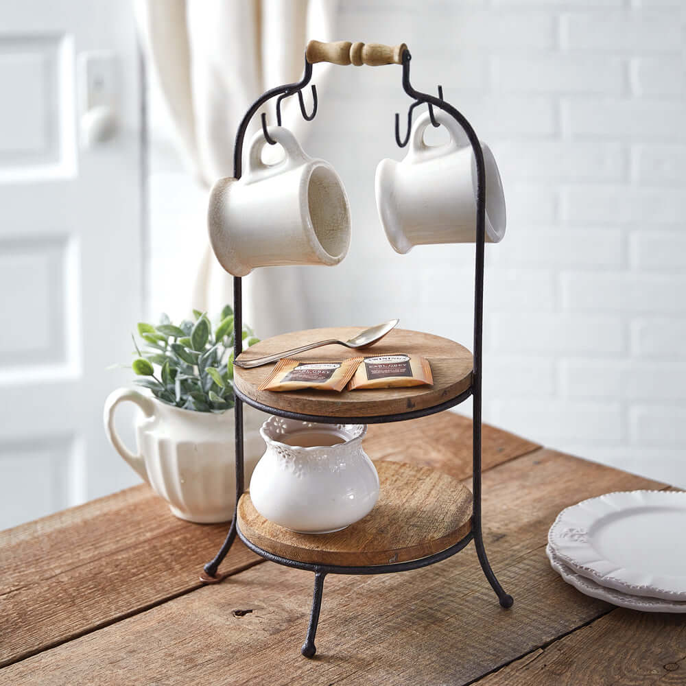 Two-Tier Wooden Serving Stand with Hooks