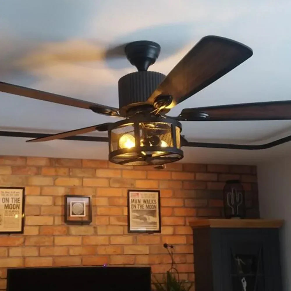 Ceiling Fans With Light Drum Style Retro Black 5 Wood Blades Reverse DC 110V 220V Wood Fans Lamp Remote Control Hanging Lights