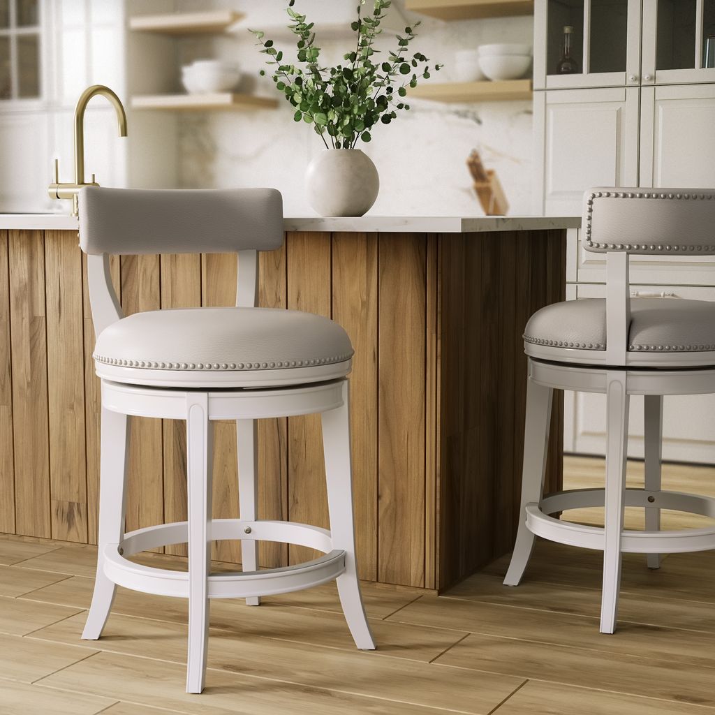 Morehead Stool in White with Gray Seat showcasing sturdy wood construction and plush seat in modern kitchen settings.