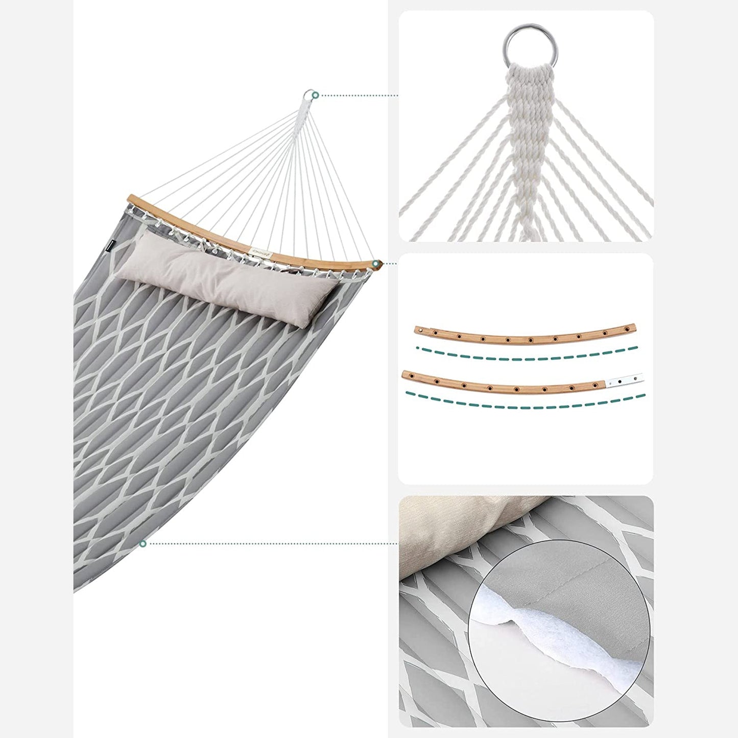 Quilted Hammock with Curved Bamboo Spreaders, Pillow
