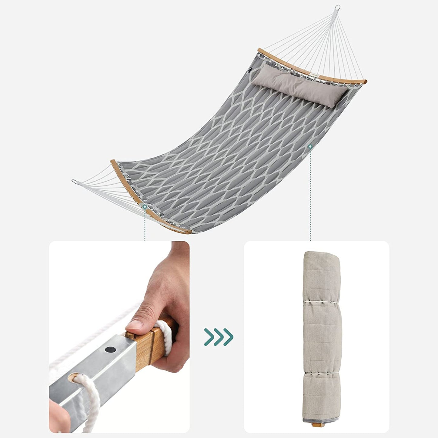 Quilted Hammock with Curved Bamboo Spreaders, Pillow