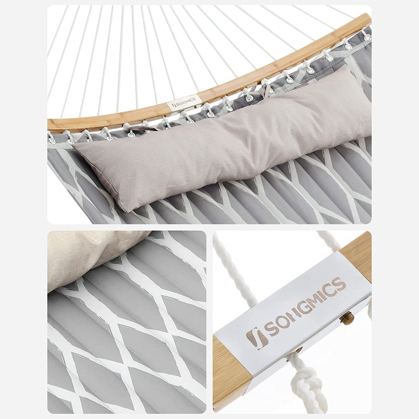 Quilted Hammock with Curved Bamboo Spreaders, Pillow