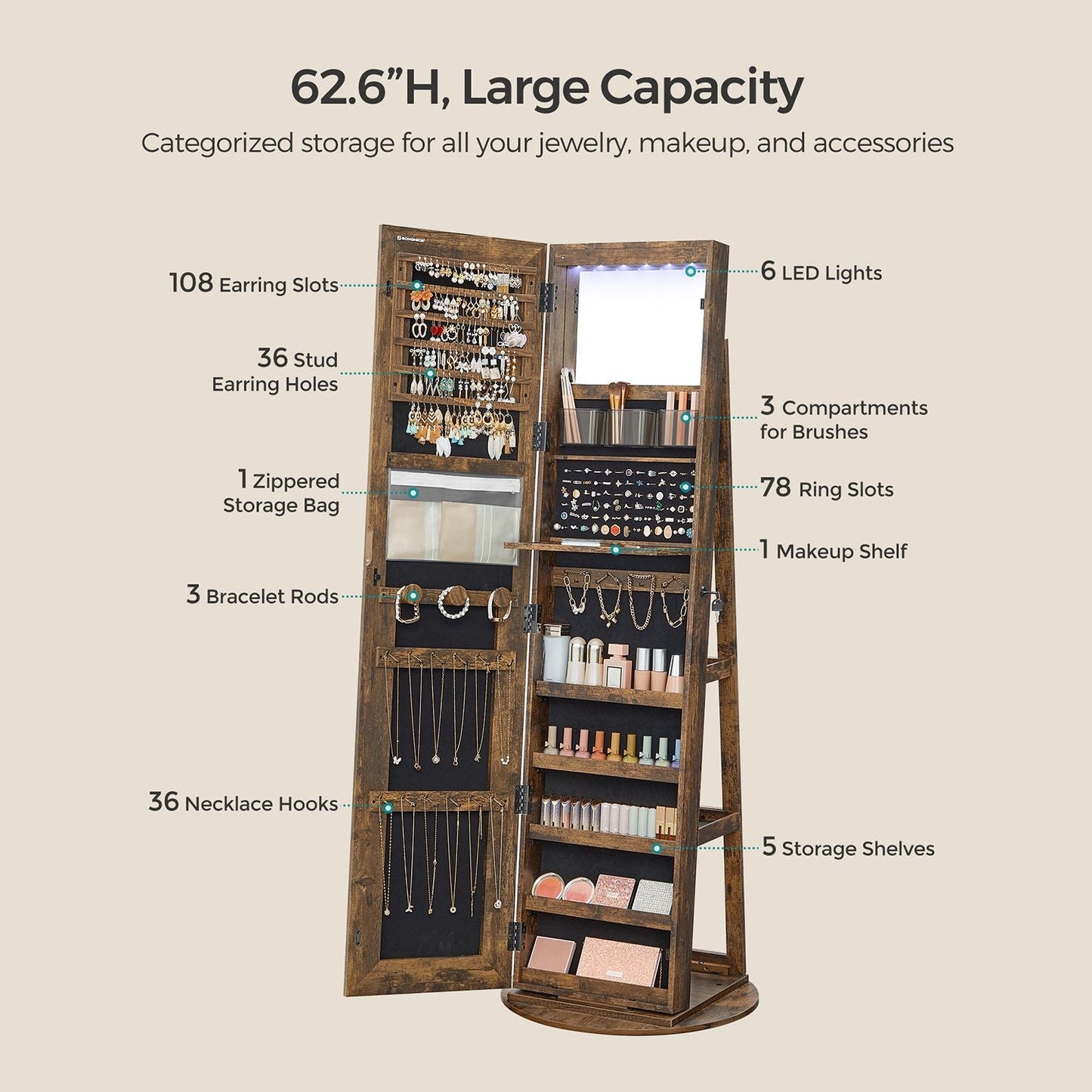 LED Mirror Jewelry Cabinet Standing