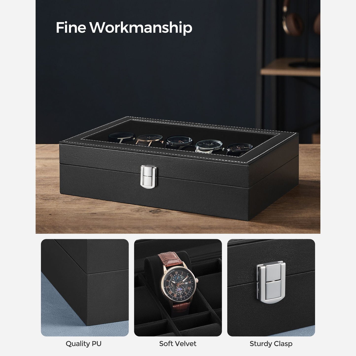 12-Slot Watch Box with Glass Lid