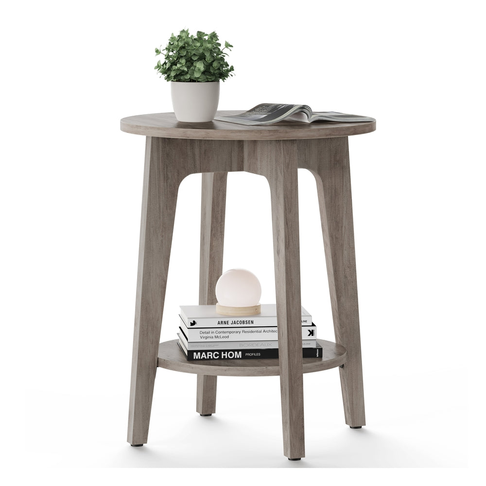 Side Table, Small Round End Table with Lower Shelf, Nightstand for Small Spaces, Modern Farmhouse Style, Greige