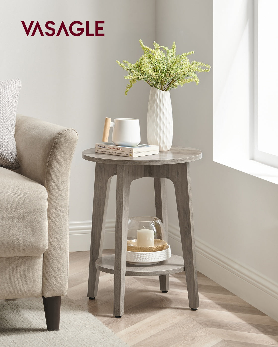 Side Table, Small Round End Table with Lower Shelf, Nightstand for Small Spaces, Modern Farmhouse Style, Greige