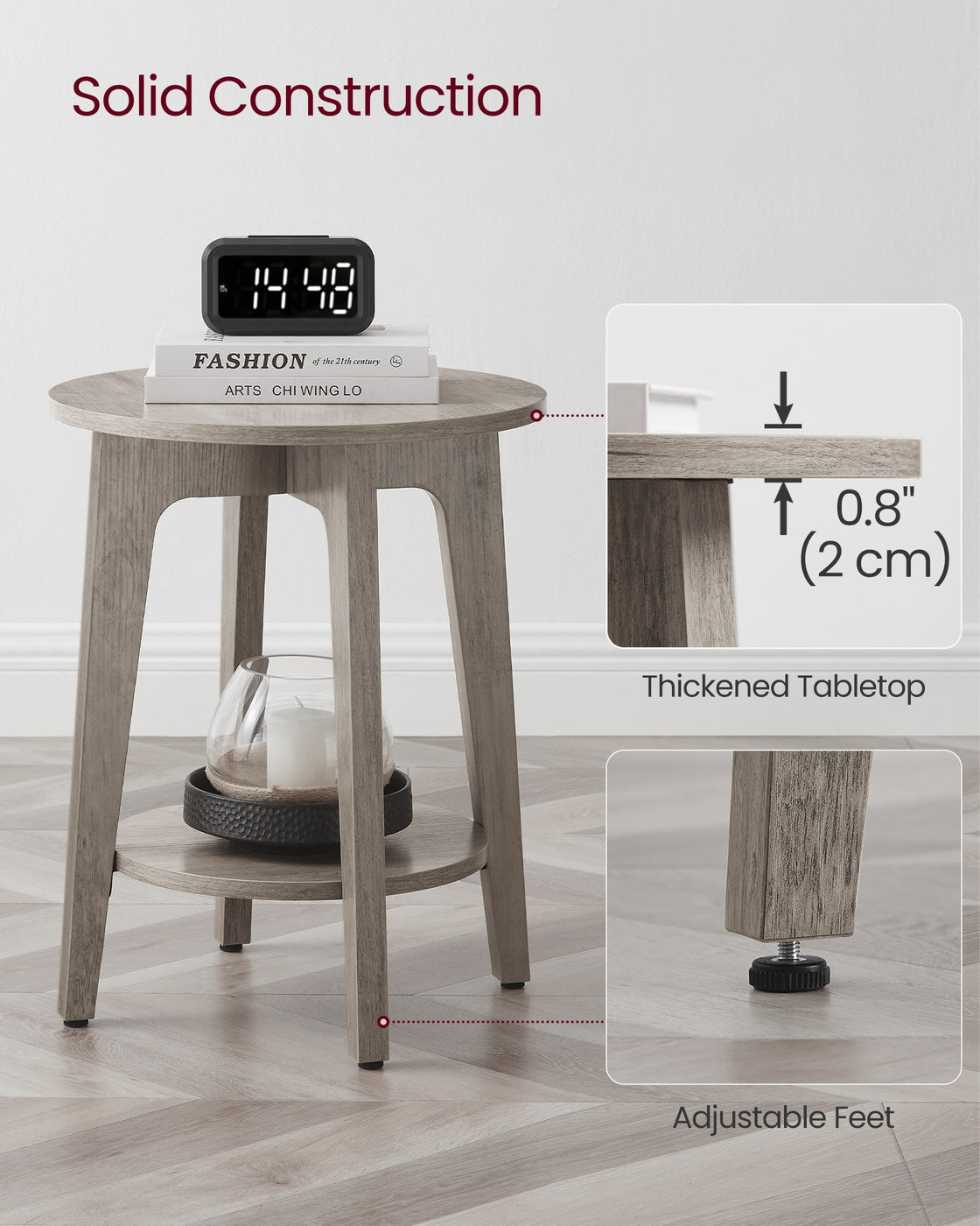 Side Table, Small Round End Table with Lower Shelf, Nightstand for Small Spaces, Modern Farmhouse Style, Greige
