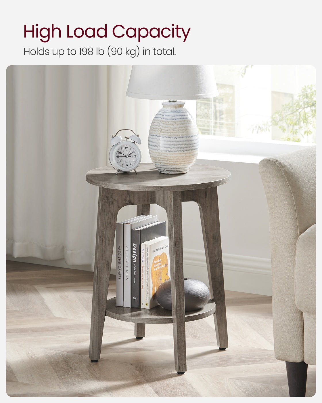 Side Table, Small Round End Table with Lower Shelf, Nightstand for Small Spaces, Modern Farmhouse Style, Greige