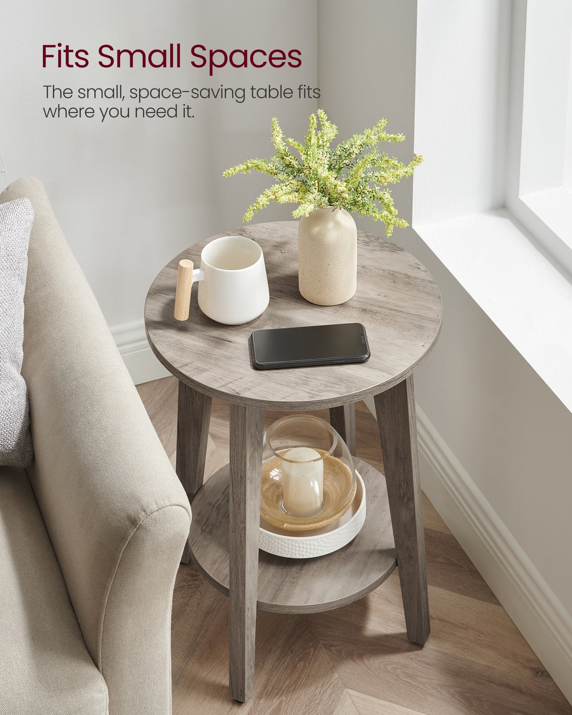 Side Table, Small Round End Table with Lower Shelf, Nightstand for Small Spaces, Modern Farmhouse Style, Greige
