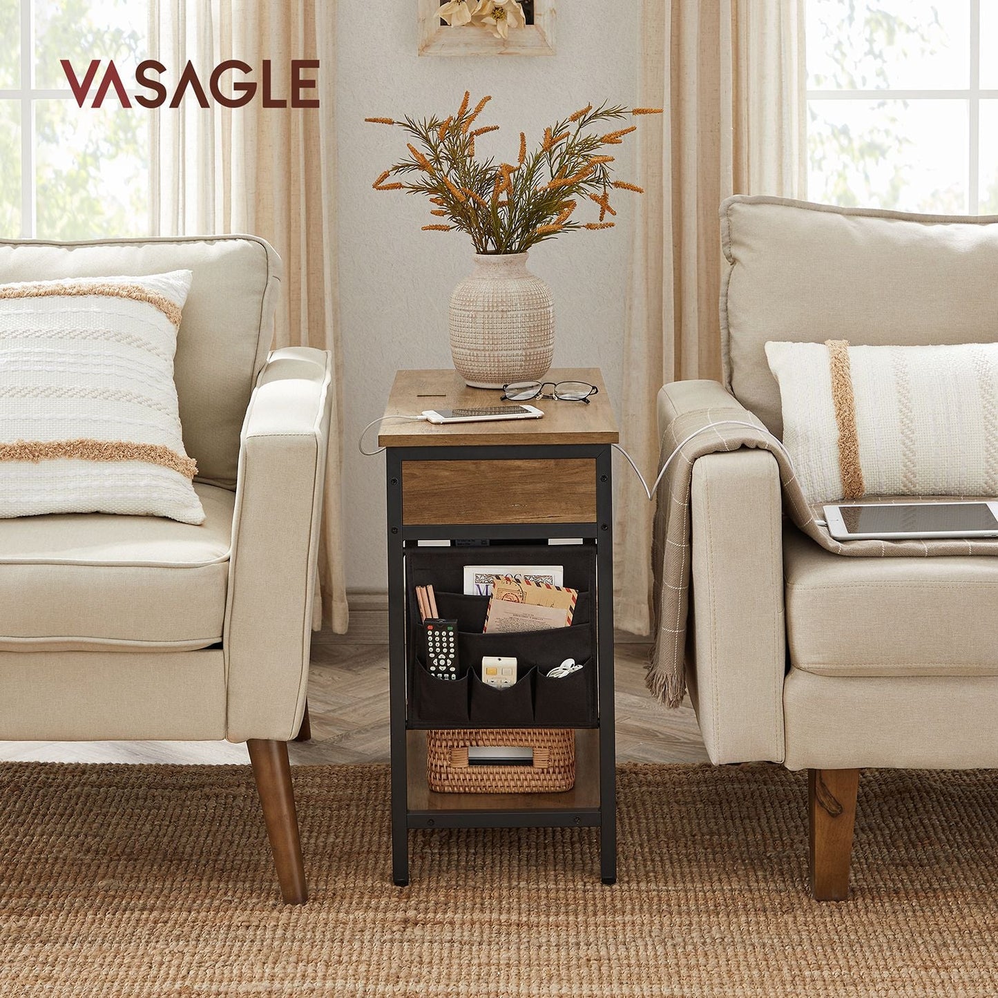 End Table with Charging Station, Side Table with USB Ports and Outlets, Nightstand with Storage, Fabric Bags, for Living Room, Bedroom, Rustic Walnut and Black