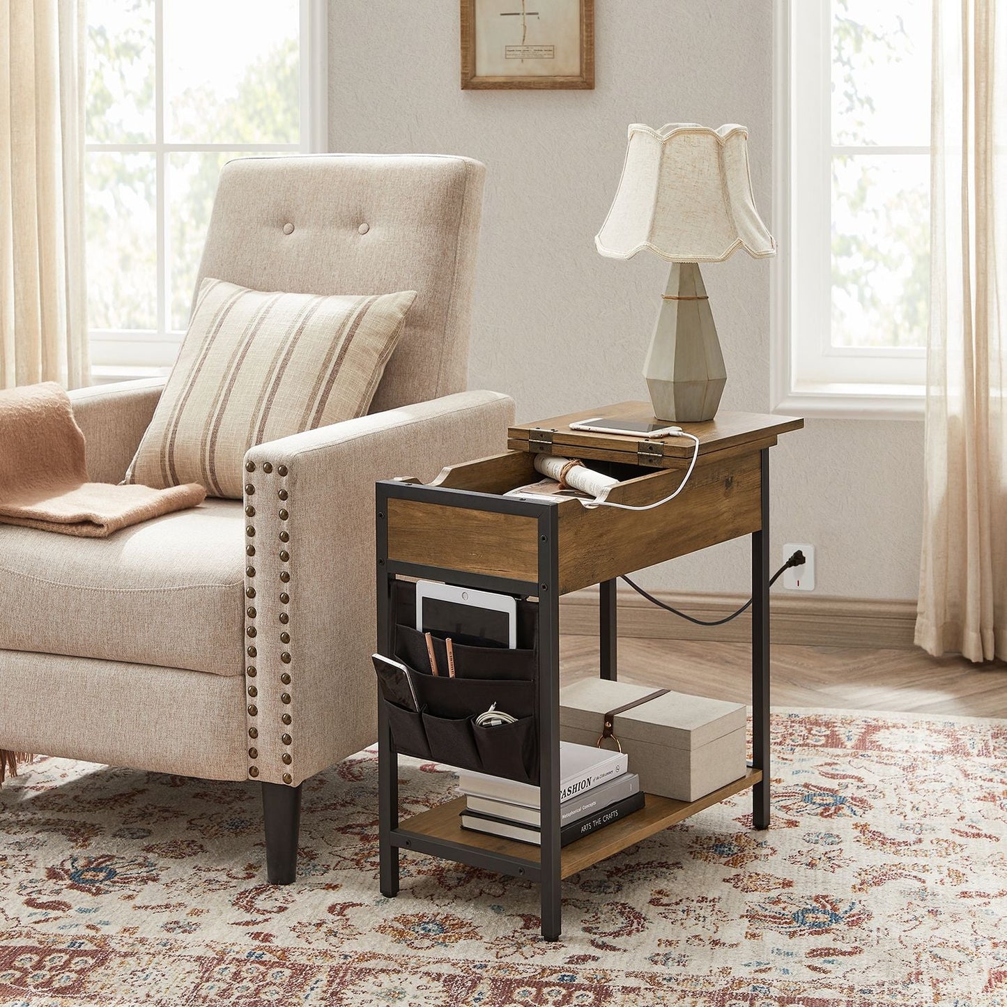 End Table with Charging Station, Side Table with USB Ports and Outlets, Nightstand with Storage, Fabric Bags, for Living Room, Bedroom, Rustic Walnut and Black