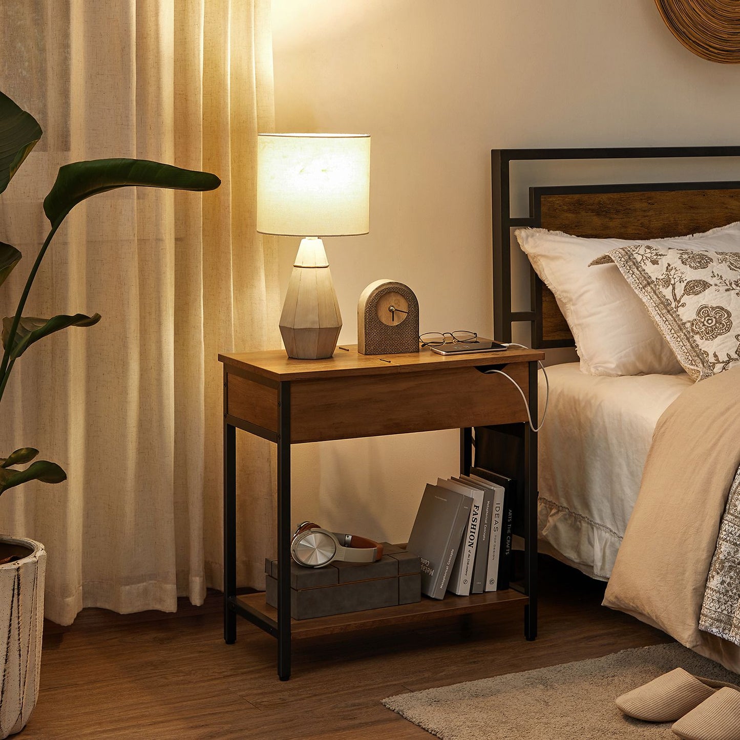 End Table with Charging Station, Side Table with USB Ports and Outlets, Nightstand with Storage, Fabric Bags, for Living Room, Bedroom, Rustic Walnut and Black