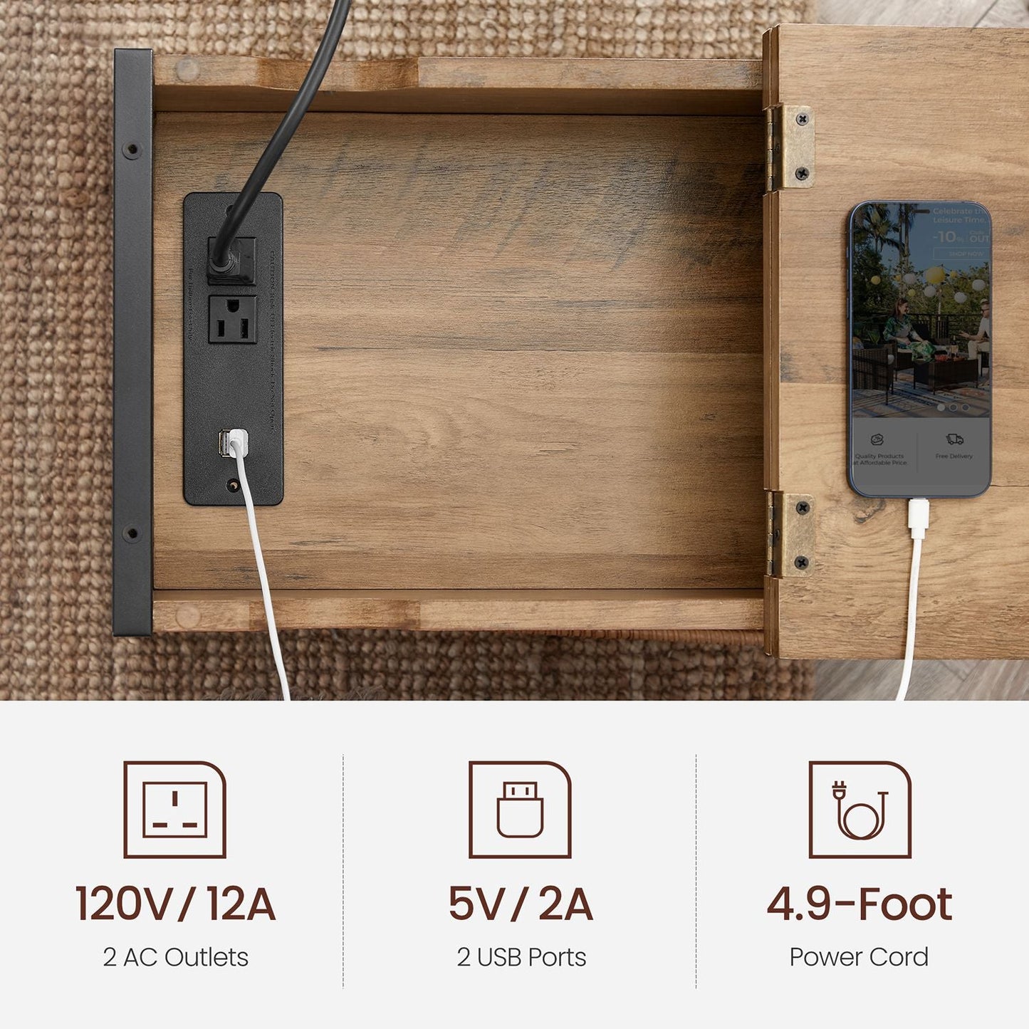 End Table with Charging Station, Side Table with USB Ports and Outlets, Nightstand with Storage, Fabric Bags, for Living Room, Bedroom, Rustic Walnut and Black