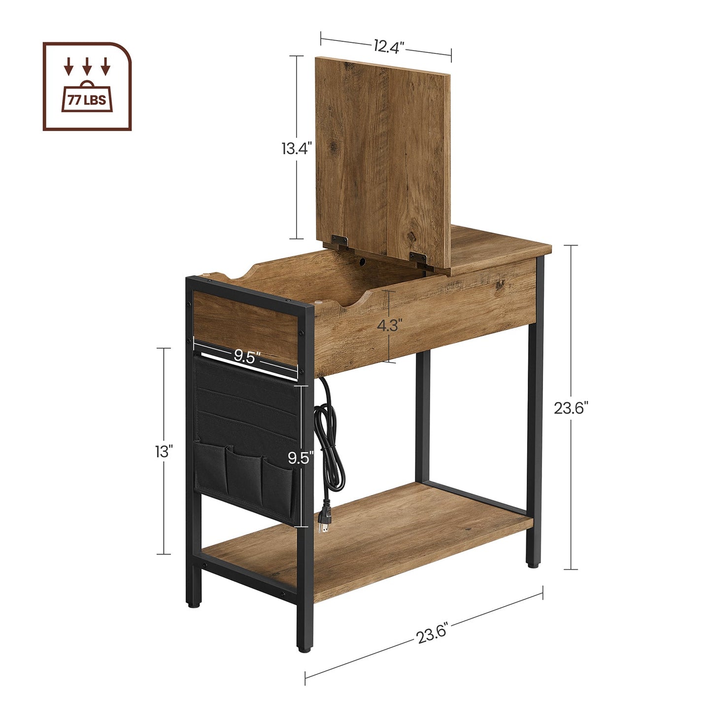 End Table with Charging Station, Side Table with USB Ports and Outlets, Nightstand with Storage, Fabric Bags, for Living Room, Bedroom, Rustic Walnut and Black