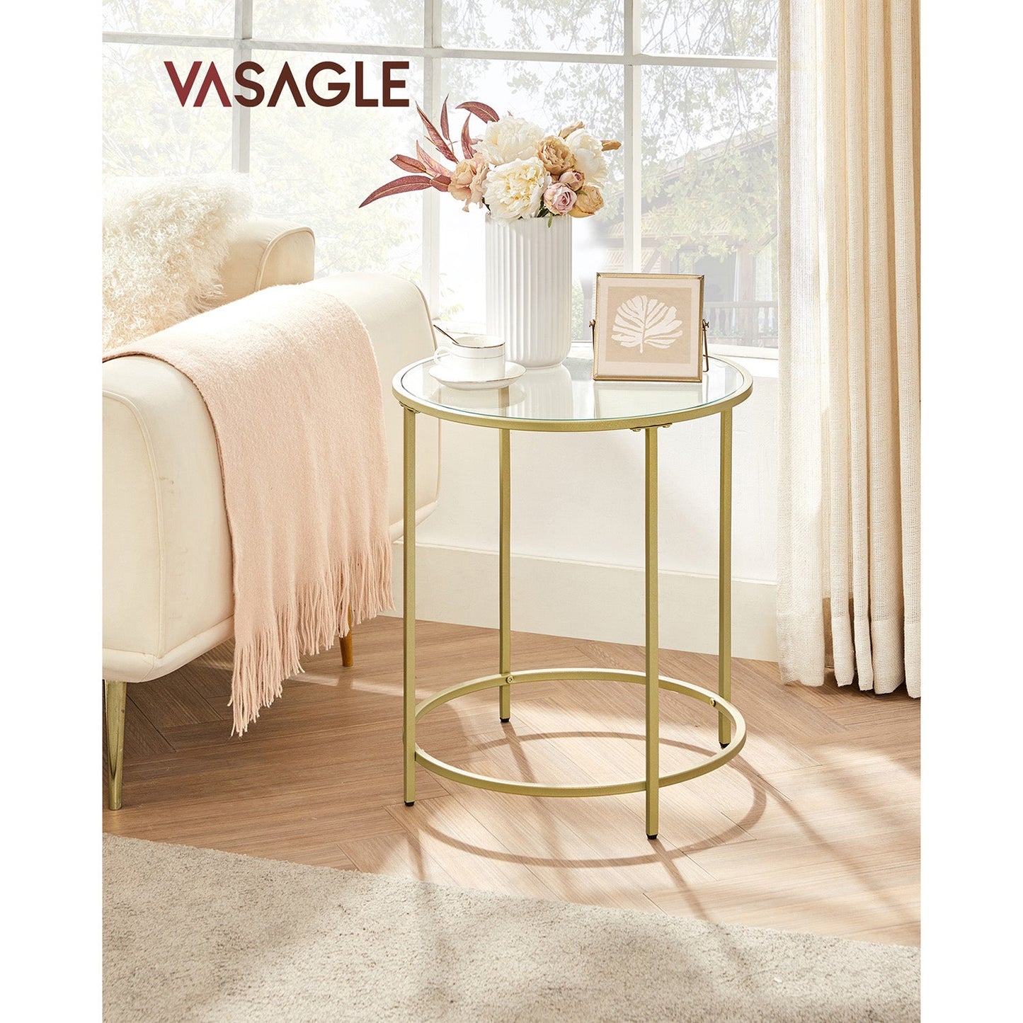 Glass Round Side Table with Metal Frame, Set of 2