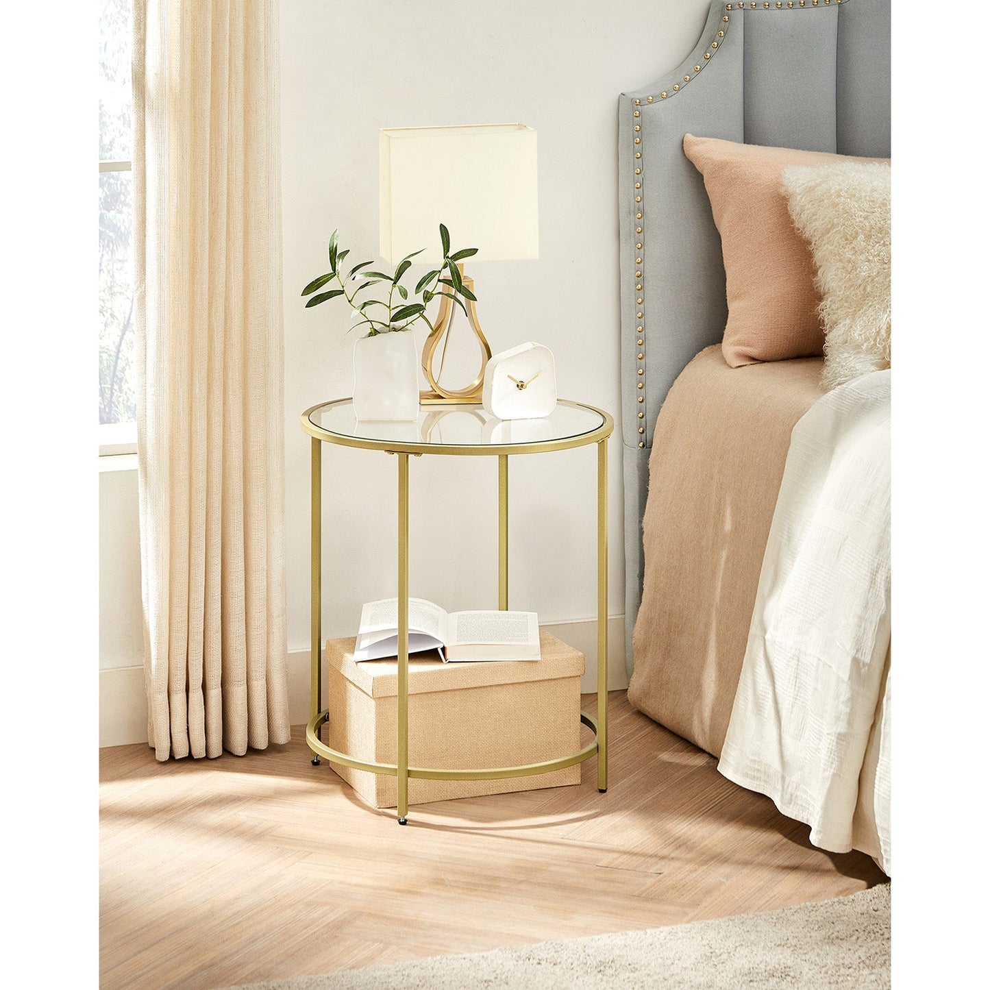 Glass Round Side Table with Metal Frame, Set of 2