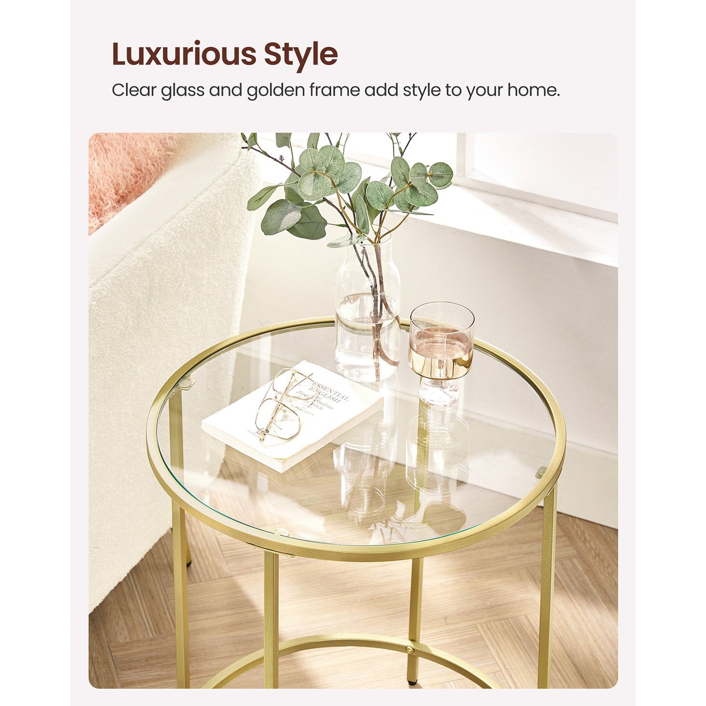 Glass Round Side Table with Metal Frame, Set of 2