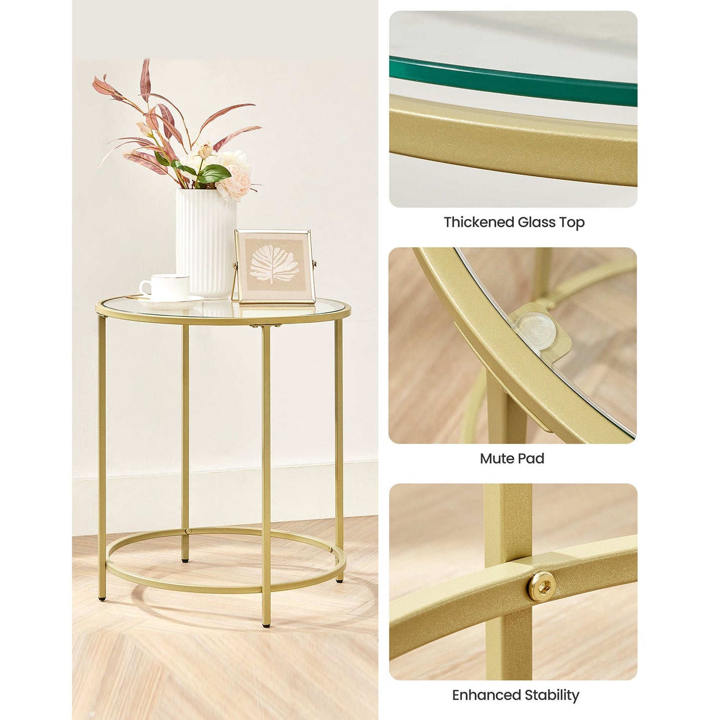 Glass Round Side Table with Metal Frame, Set of 2