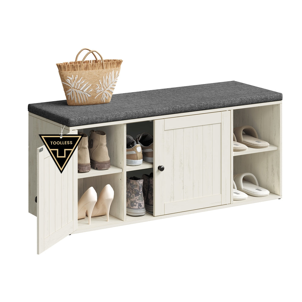 Storage Bench, Superfast Toolless Assembly, 41" Wide Entryway Shoe Bench with Cushion & Adjustable Shelves, Shoe Rack Cabinet, Snow White and Slate Gray