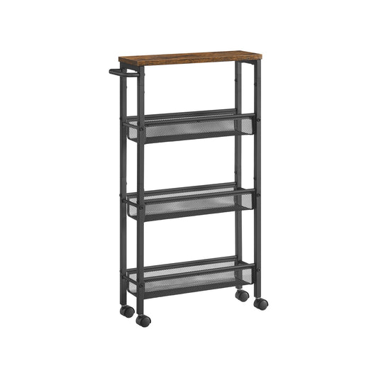 Slim Storage Cart, 4-Tier Rolling Cart Tower, Slide Out Cart with Handle Metal Mobile Shelving Unit for Kitchen Dining Living Room Office Narrow Places, Rustic Brown and Black